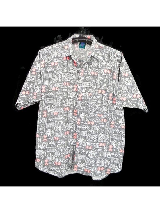 Shah Safari Other - Vintage 80s Mens Shah Safari Gray Pink Hieroglyphs Button Shirt Size XL Abstract